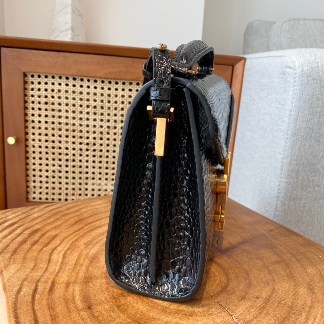 Saint Laurent Cassandra Top Handle Bag in Black Crocodile-Embossed Leather