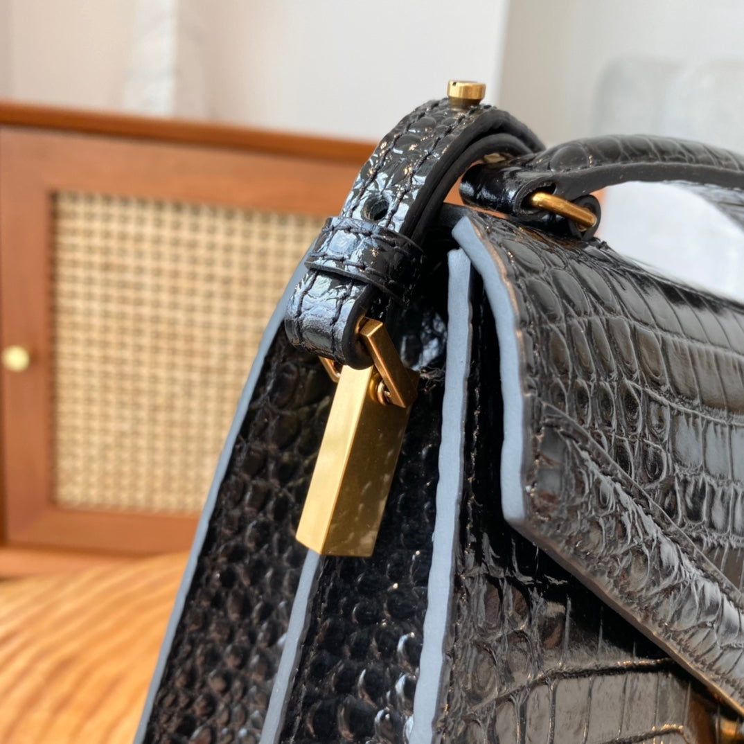 Saint Laurent Cassandra Top Handle Bag in Black Crocodile-Embossed Leather