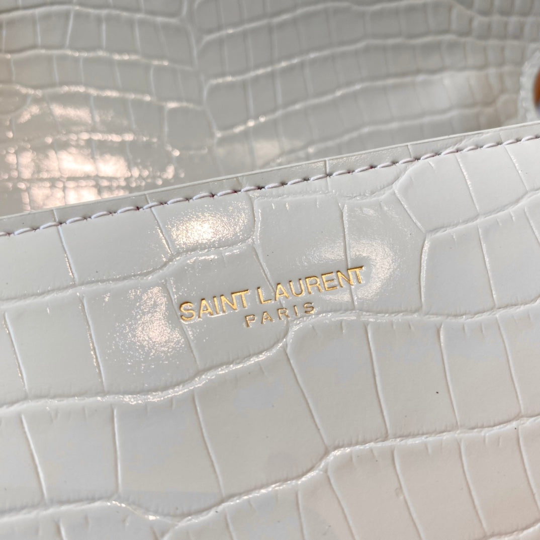 Saint Laurent Cassandra Medium Top Handle Bag in Crocodile-Embossed Leather - White