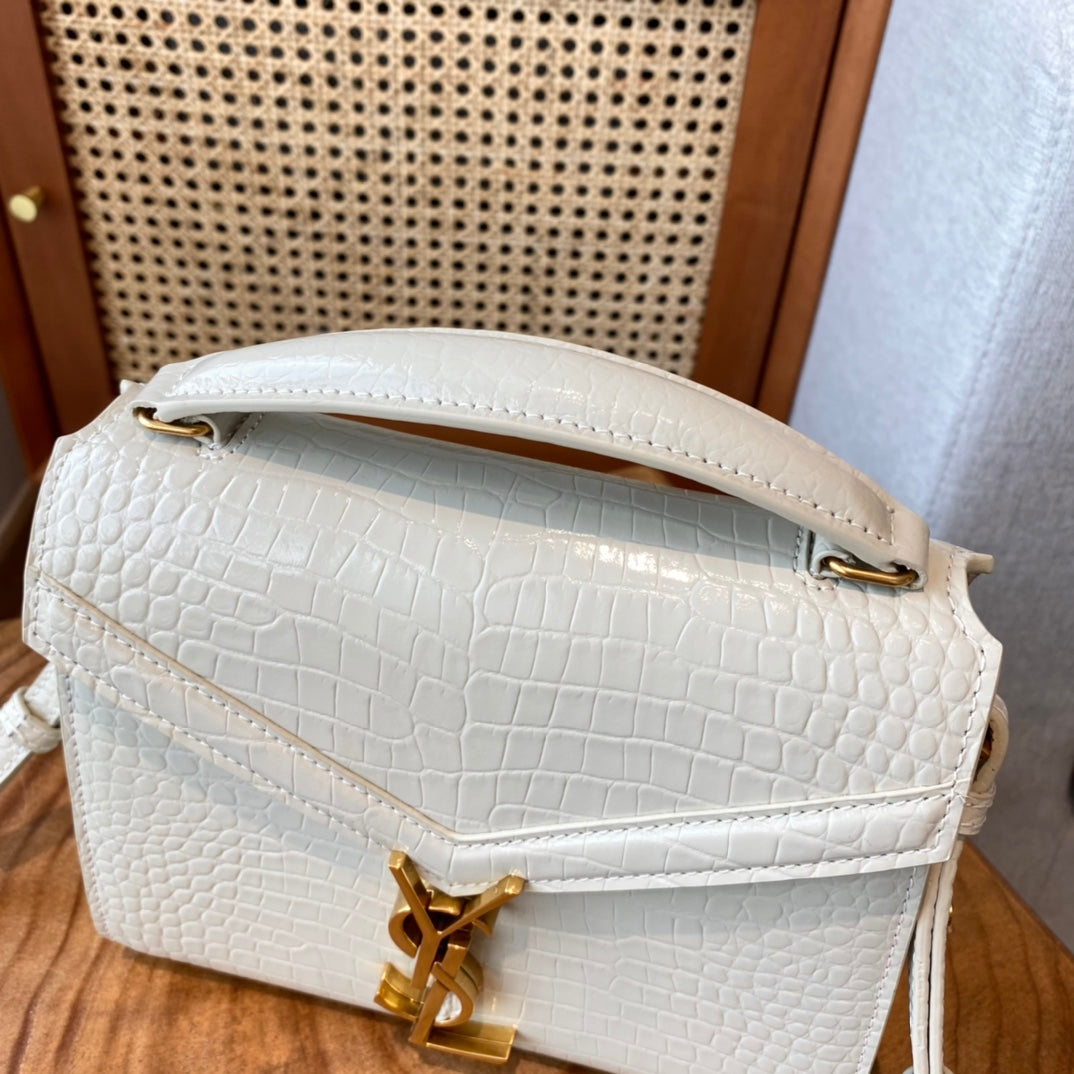 Saint Laurent Cassandra Medium Top Handle Bag in Crocodile-Embossed Leather - White