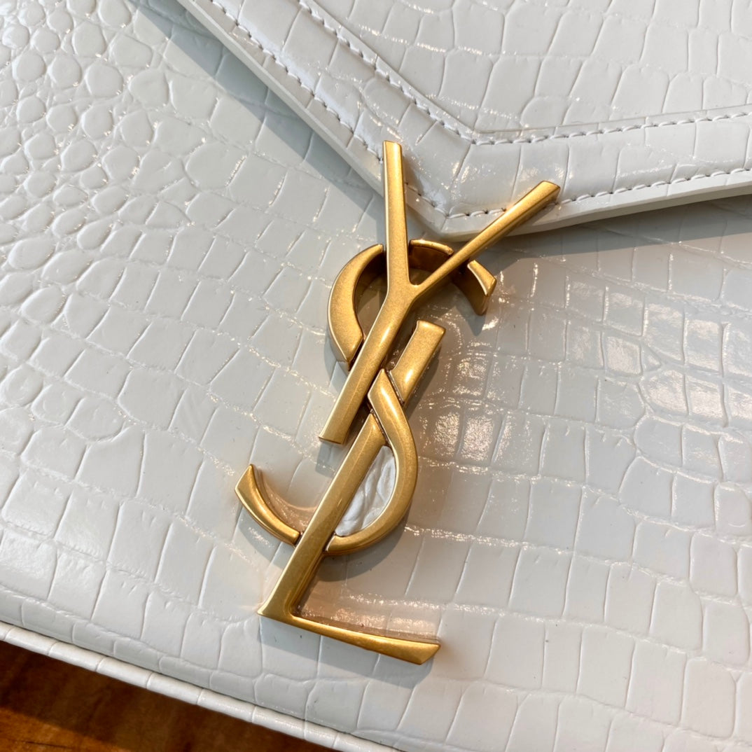 Saint Laurent Cassandra Medium Top Handle Bag in Crocodile-Embossed Leather - White