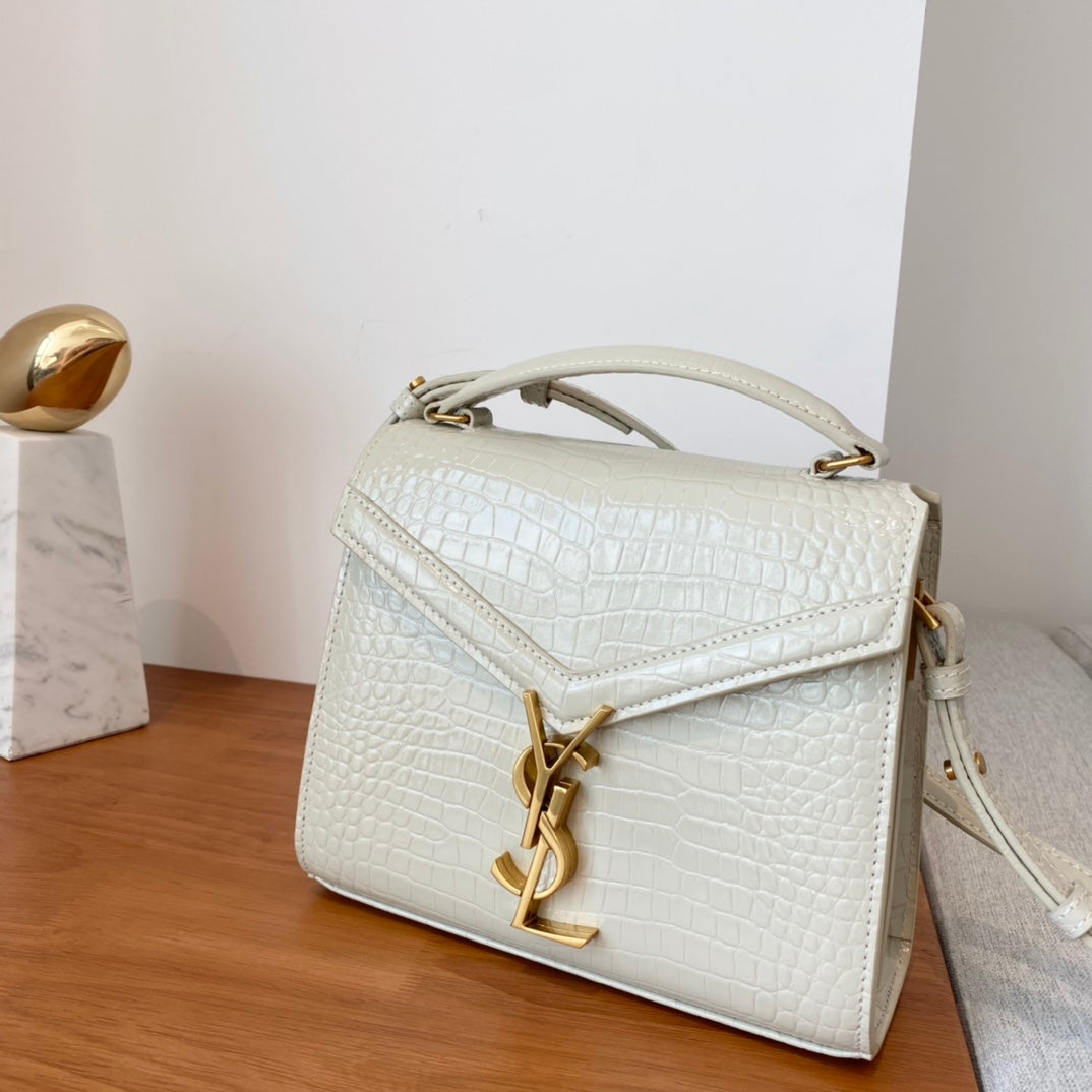 Saint Laurent Cassandra Medium Top Handle Bag in Crocodile-Embossed Leather - White