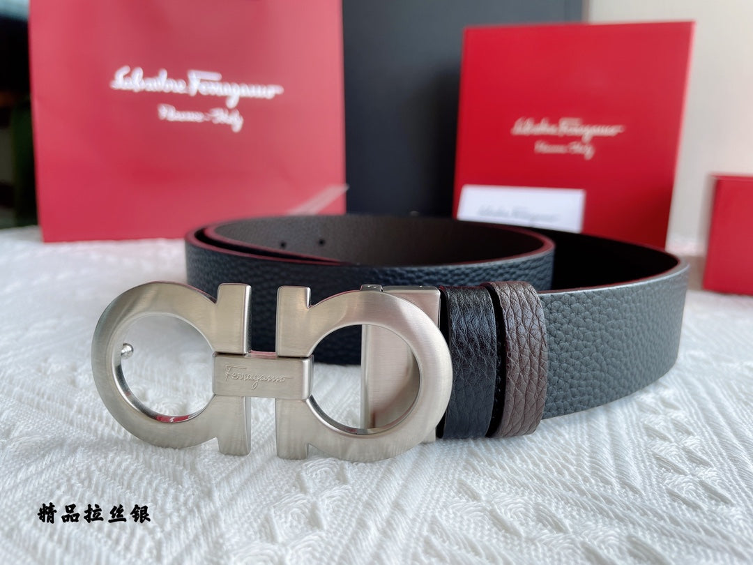 Salvatore Ferragamo Men's Reversible Gancini Belt in Black/Brown Pebbled Leather with Silver Buckle
