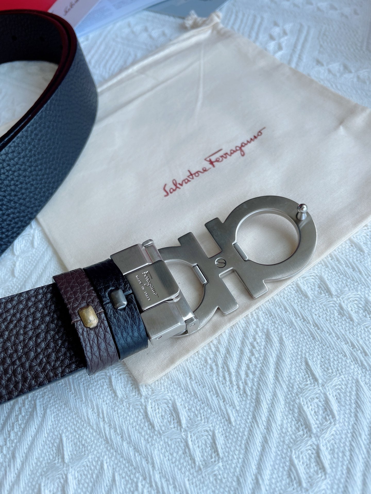 Salvatore Ferragamo Men's Reversible Gancini Belt in Black/Brown Pebbled Leather with Silver Buckle