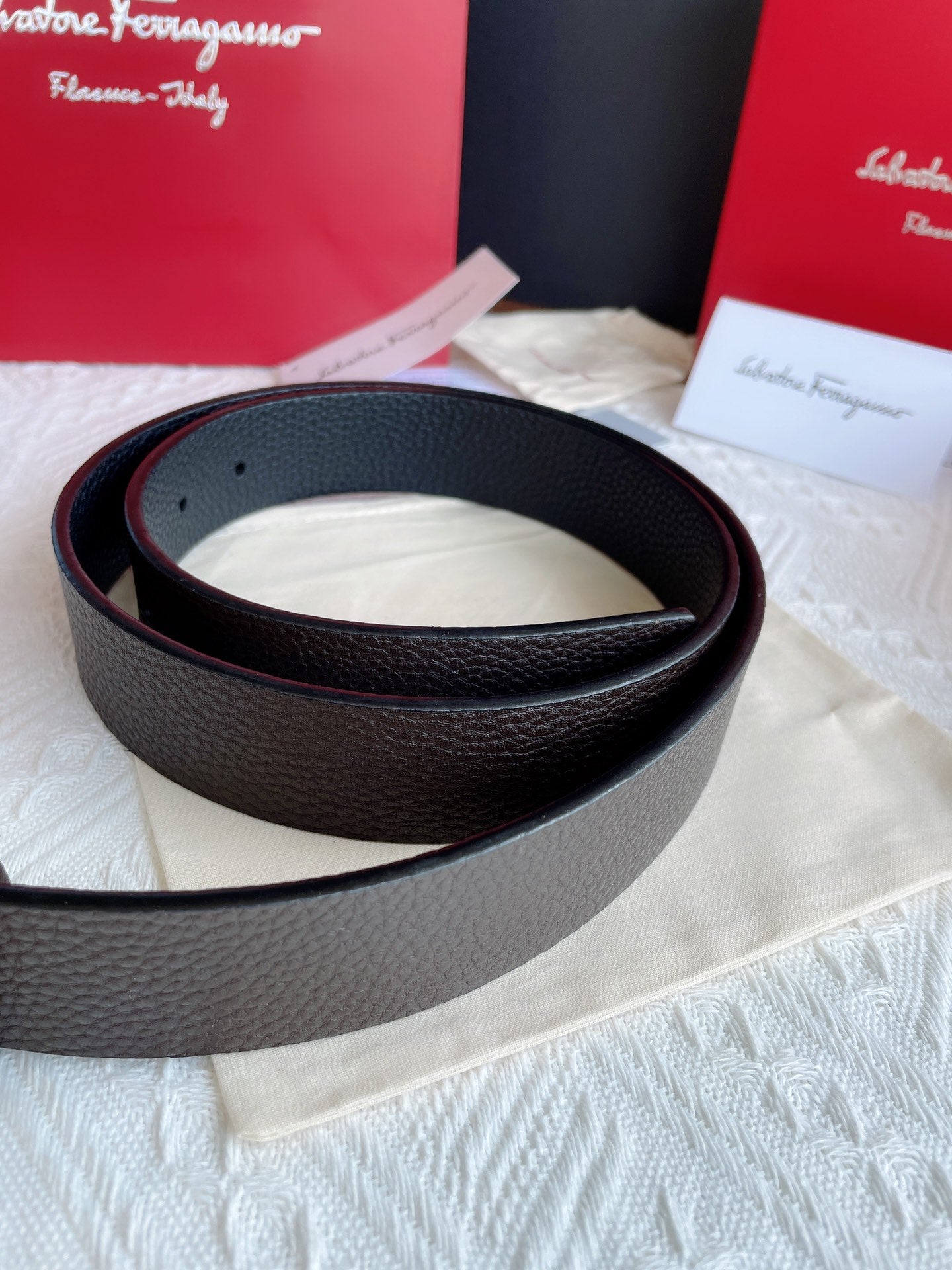 Salvatore Ferragamo Men's Reversible Gancini Belt in Black/Brown Pebbled Leather with Silver Buckle