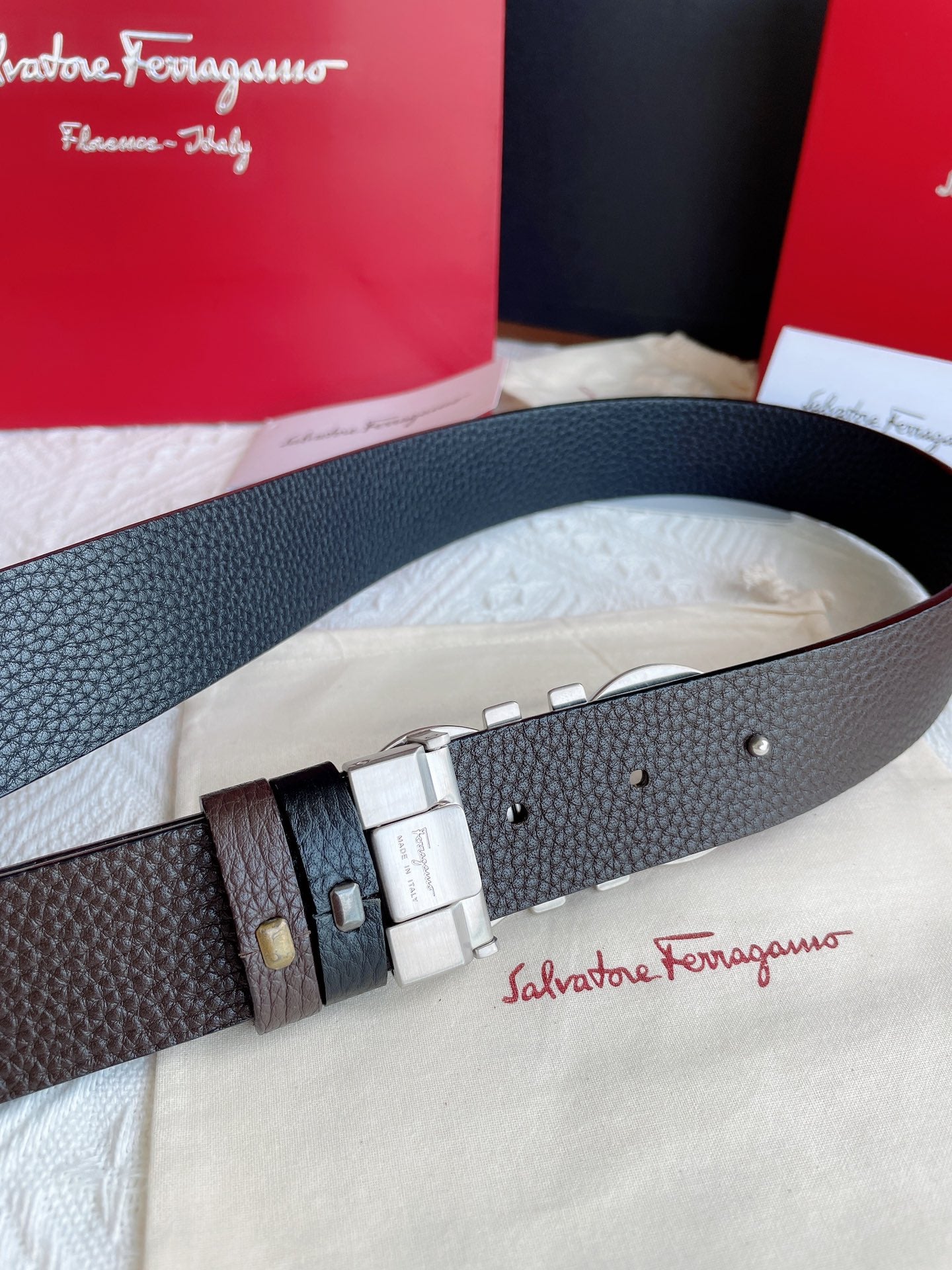 Salvatore Ferragamo Men's Reversible Gancini Belt in Black/Brown Pebbled Leather with Silver Buckle