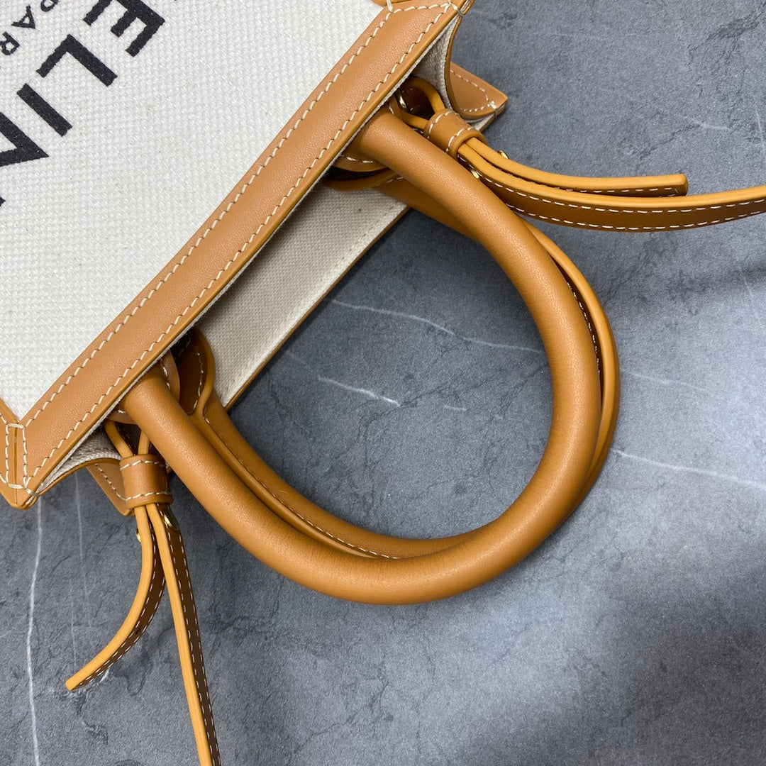 Celine Mini Vertical Cabas in Textile with Celine Print and Calfskin - Tan/White