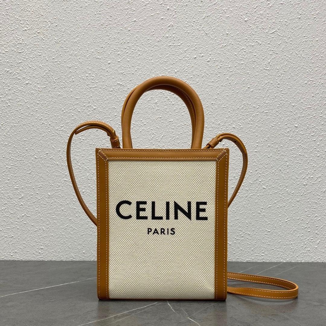 Celine Mini Vertical Cabas in Textile with Celine Print and Calfskin - Tan/White