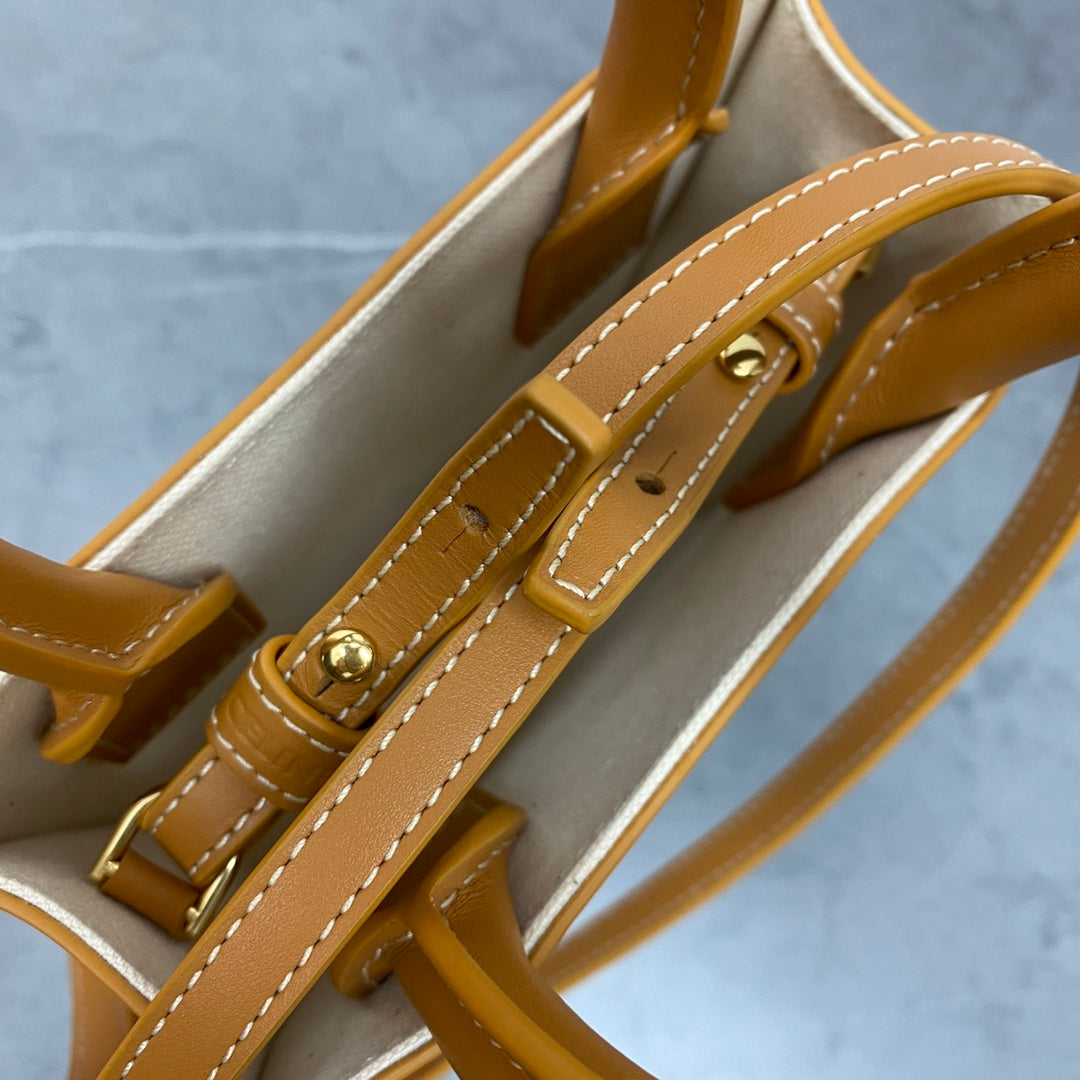 Celine Mini Vertical Cabas in Textile with Celine Print and Calfskin - Tan/White