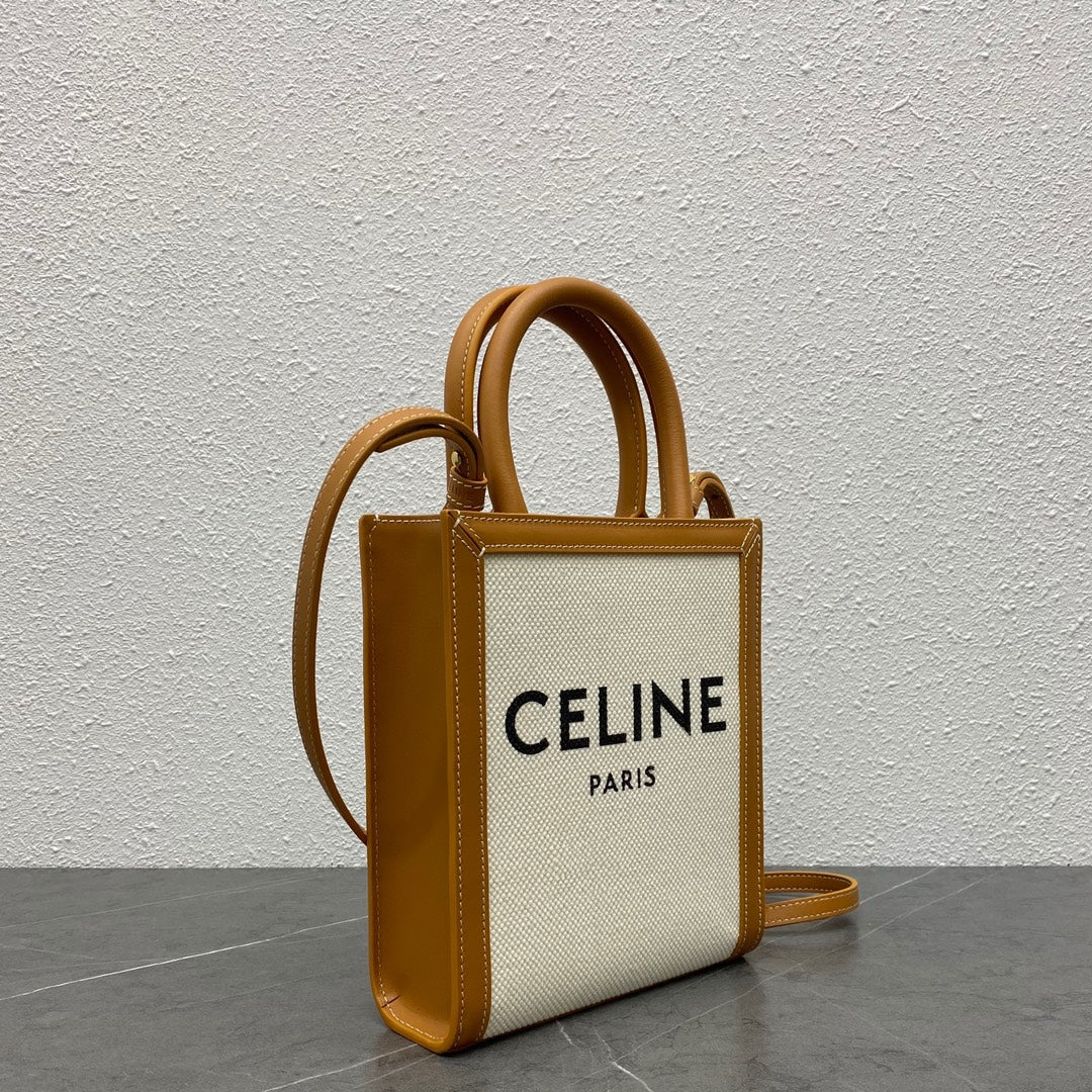 Celine Mini Vertical Cabas in Textile with Celine Print and Calfskin - Tan/White