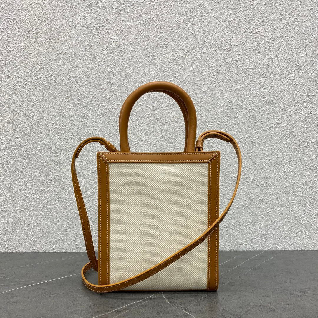 Celine Mini Vertical Cabas in Textile with Celine Print and Calfskin - Tan/White