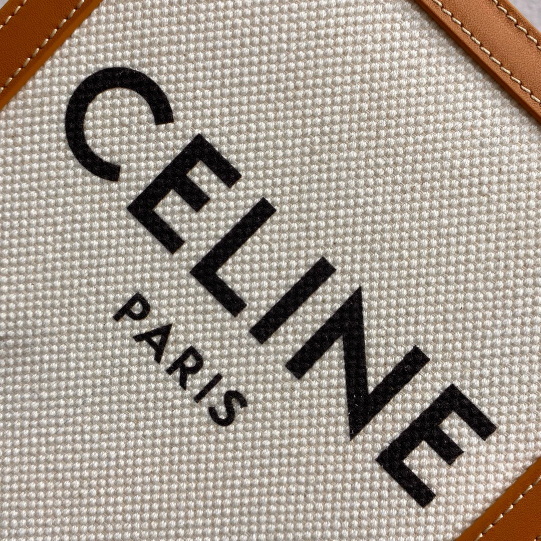 Celine Mini Vertical Cabas in Textile with Celine Print and Calfskin - Tan/White