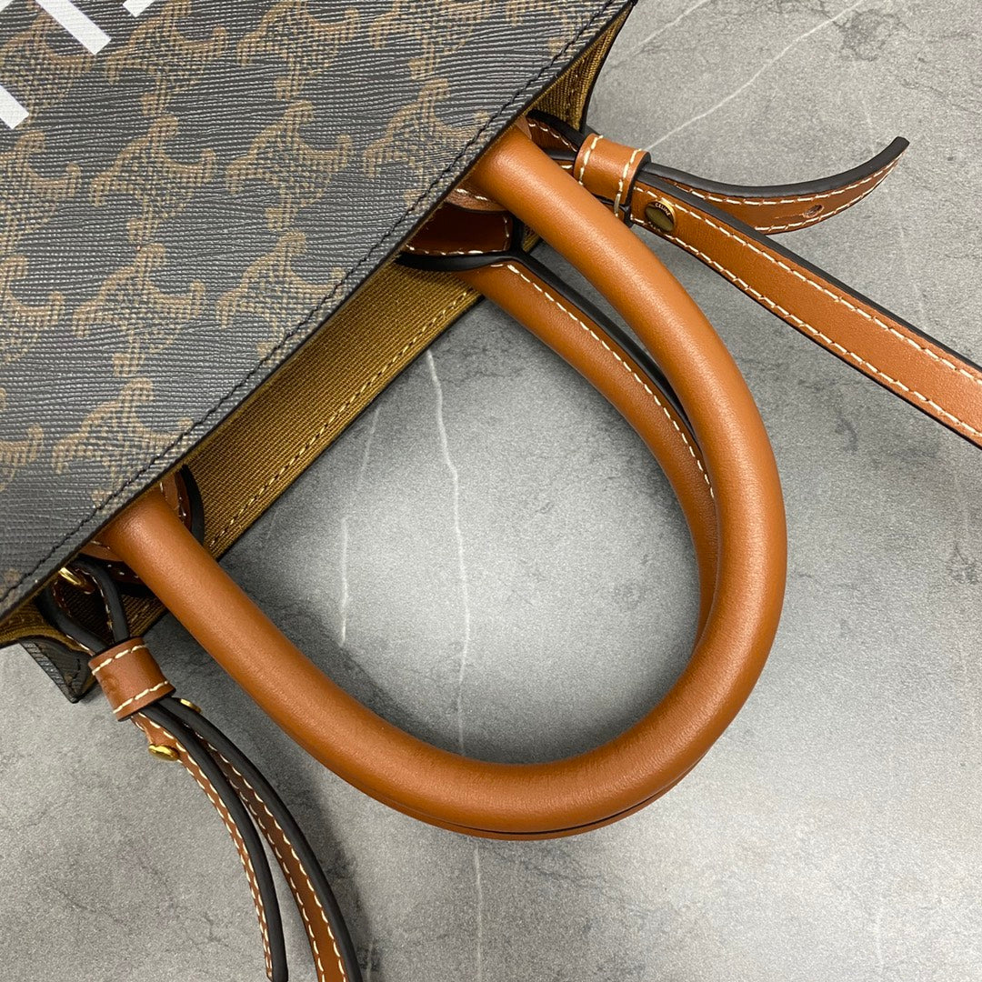 CELINE Mini Vertical Cabas in Triomphe Canvas and Calfskin - Tan