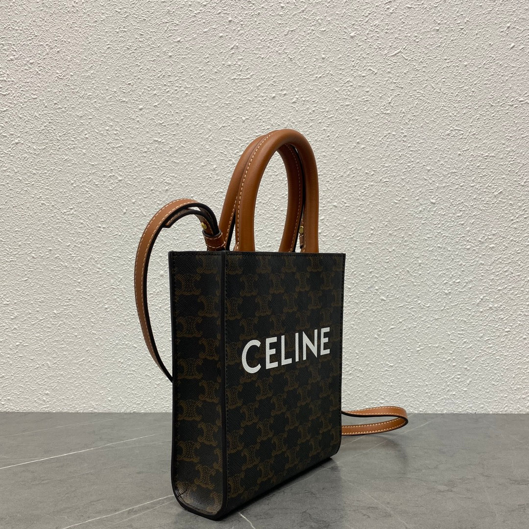 CELINE Mini Vertical Cabas in Triomphe Canvas and Calfskin - Tan