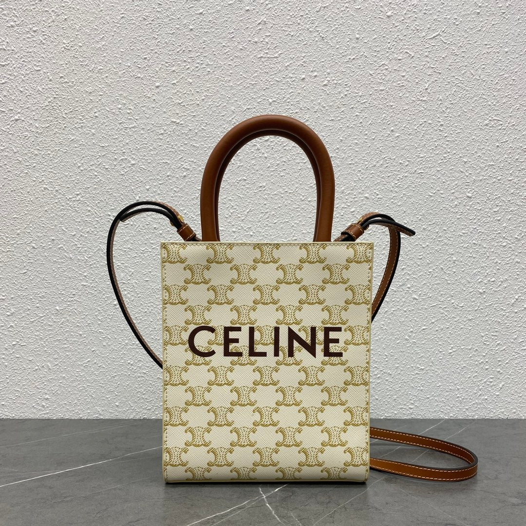 Celine Mini Vertical Cabas in Triomphe Canvas White/Tan