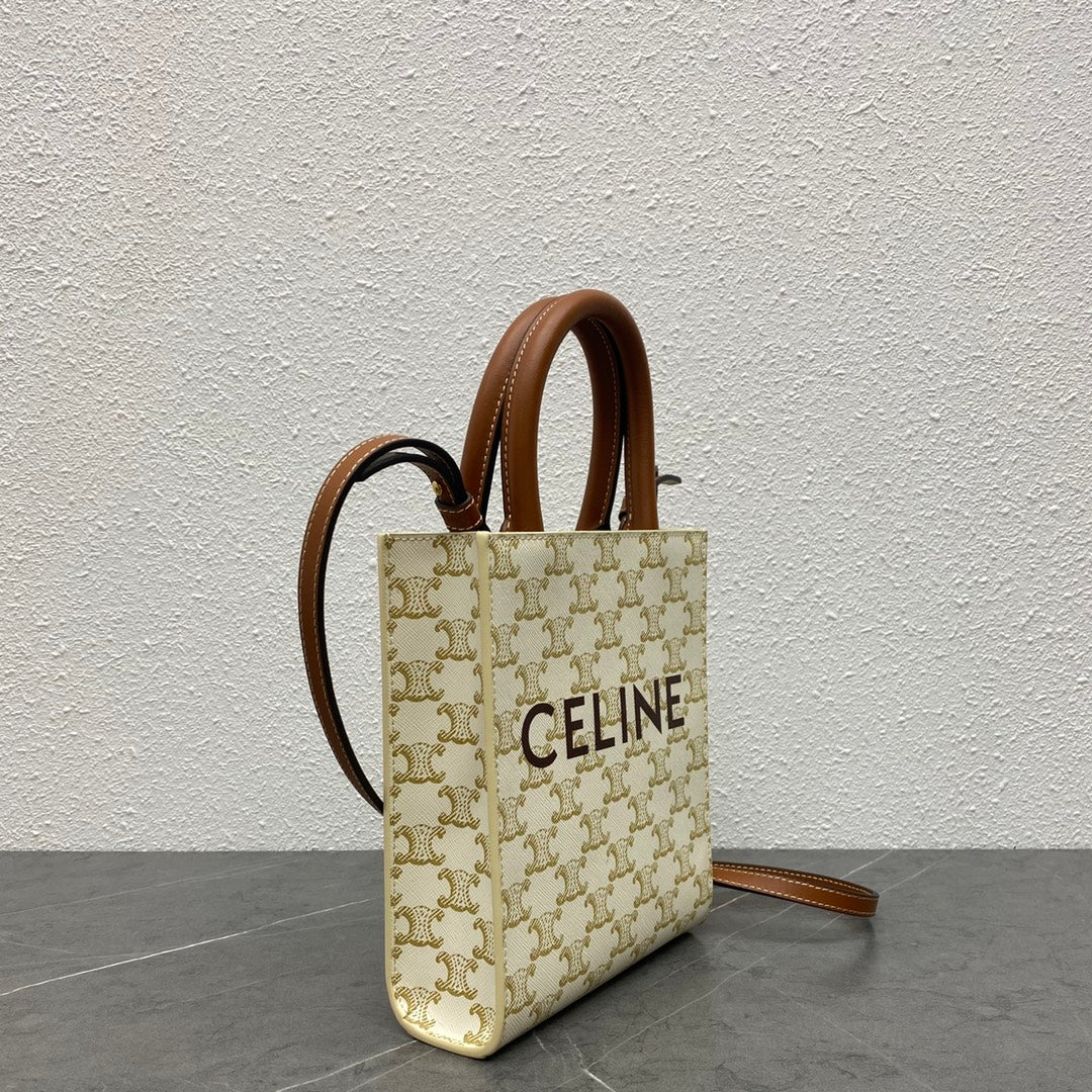 Celine Mini Vertical Cabas in Triomphe Canvas White/Tan