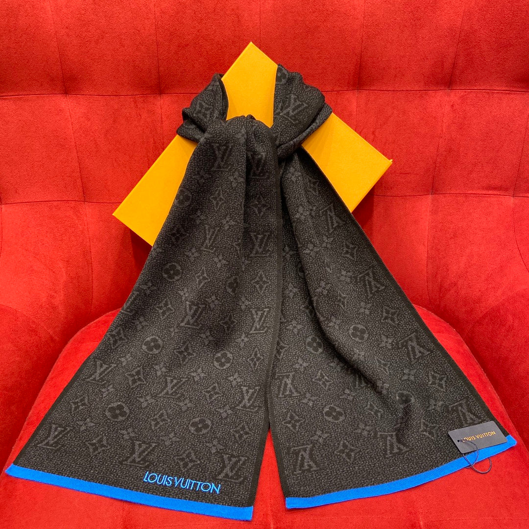 Louis Vuitton Men's Monogram Scarf - Charcoal Grey and Blue Designer Winter Scarf with Luxury Box