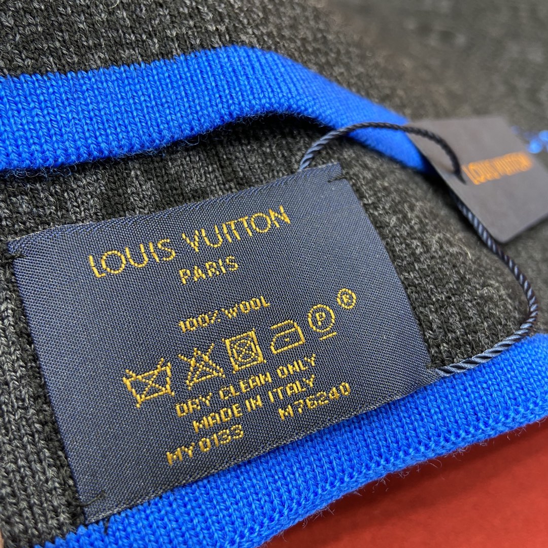 Louis Vuitton Men's Monogram Scarf - Charcoal Grey and Blue Designer Winter Scarf with Luxury Box