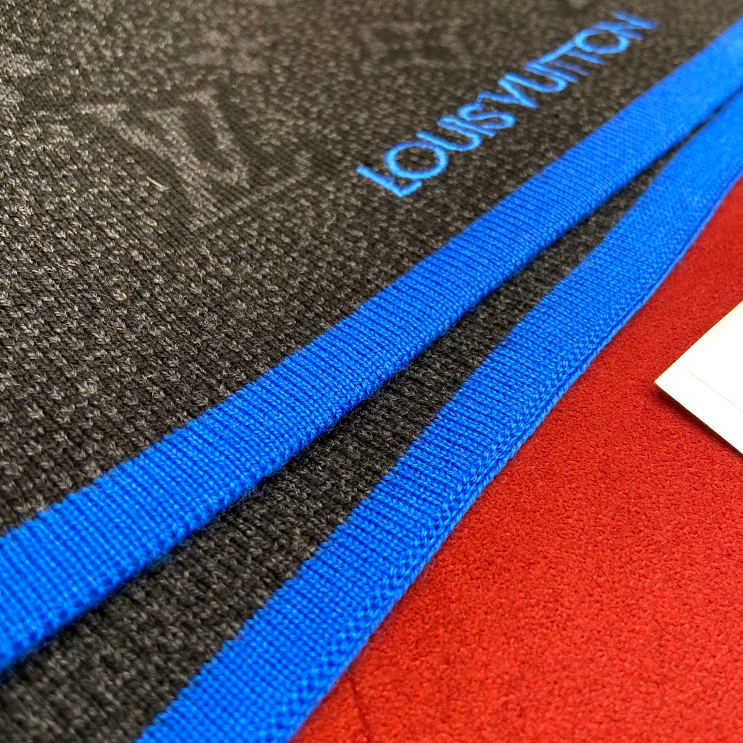 Louis Vuitton Men's Monogram Scarf - Charcoal Grey and Blue Designer Winter Scarf with Luxury Box