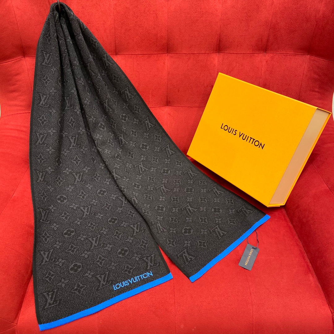 Louis Vuitton Men's Monogram Scarf - Charcoal Grey and Blue Designer Winter Scarf with Luxury Box