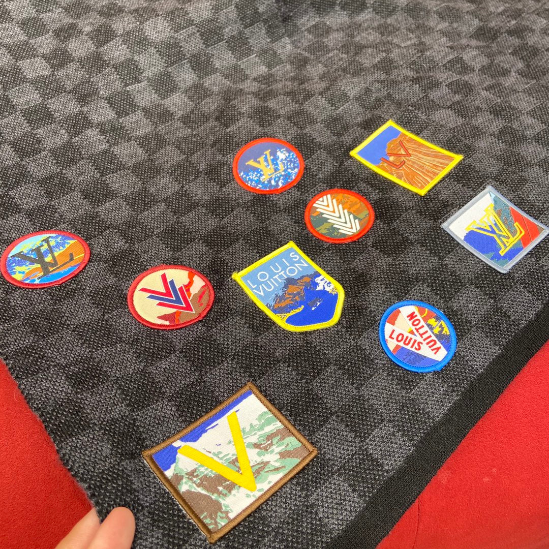 Louis Vuitton Damier Graphite Wool Scarf with Multi-Color Travel Patches, Black and Grey Designer Winter Accessory