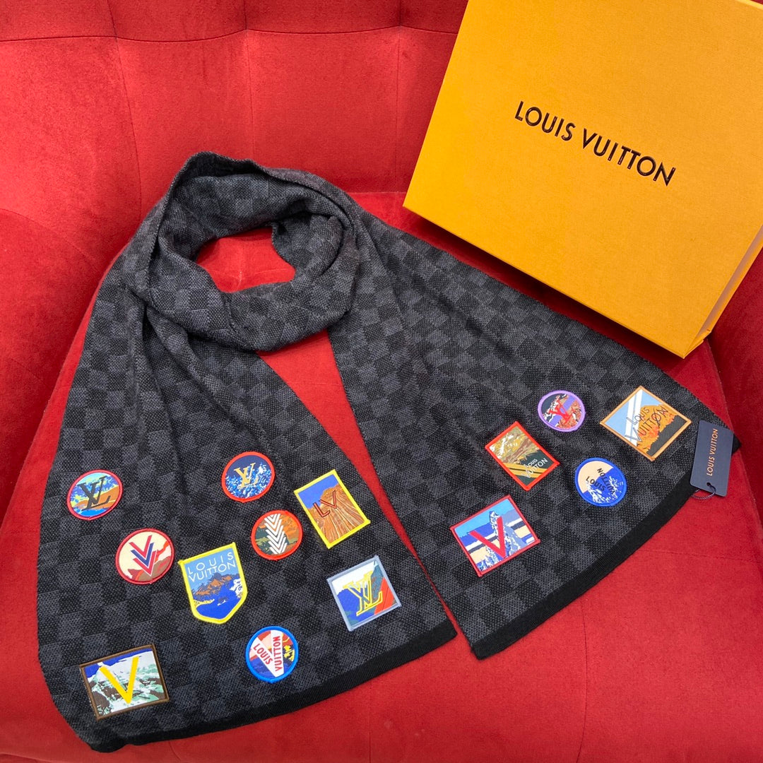 Louis Vuitton Damier Graphite Wool Scarf with Multi-Color Travel Patches, Black and Grey Designer Winter Accessory