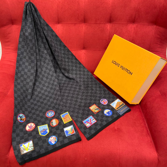 Louis Vuitton Damier Graphite Wool Scarf with Multi-Color Travel Patches, Black and Grey Designer Winter Accessory
