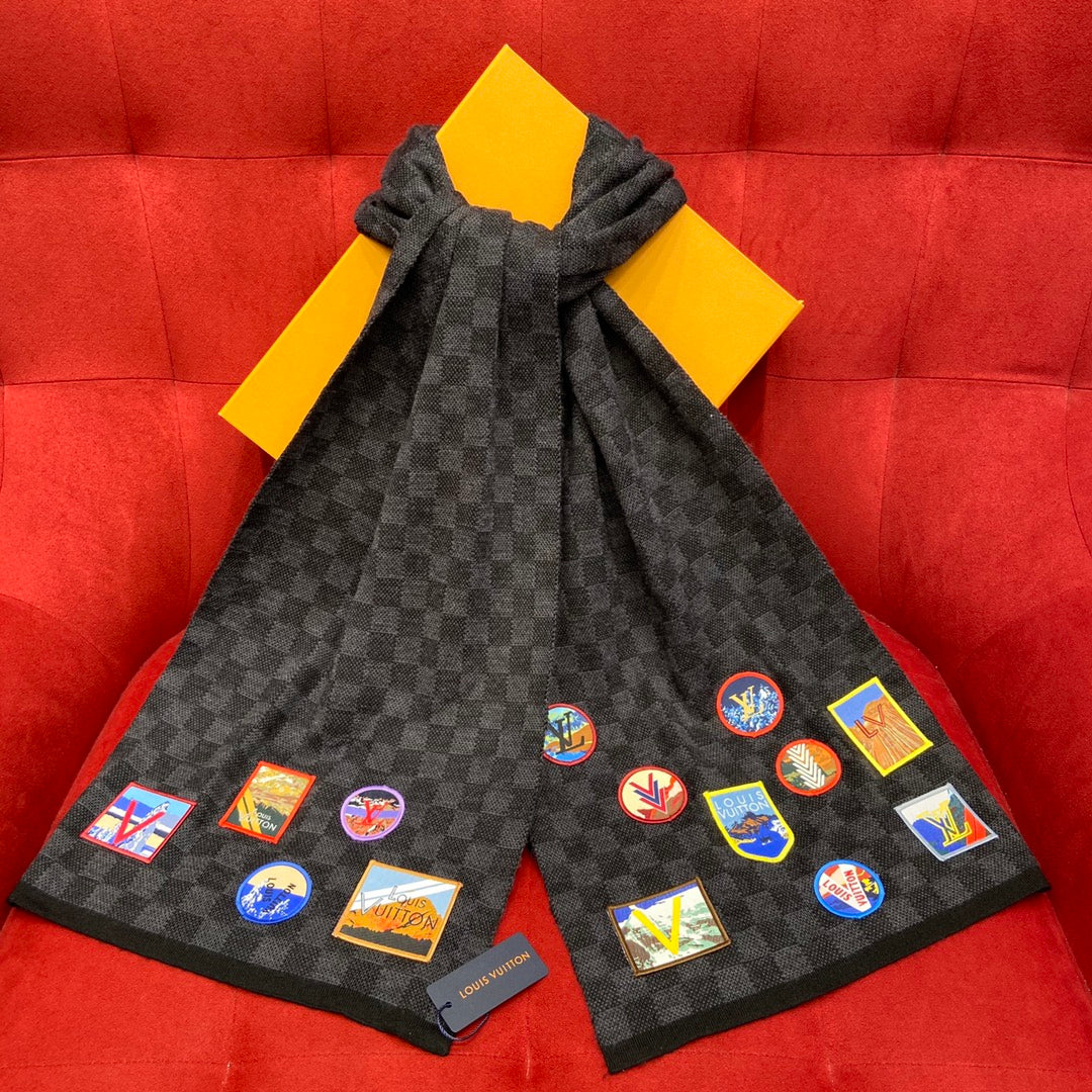 Louis Vuitton Damier Graphite Wool Scarf with Multi-Color Travel Patches, Black and Grey Designer Winter Accessory