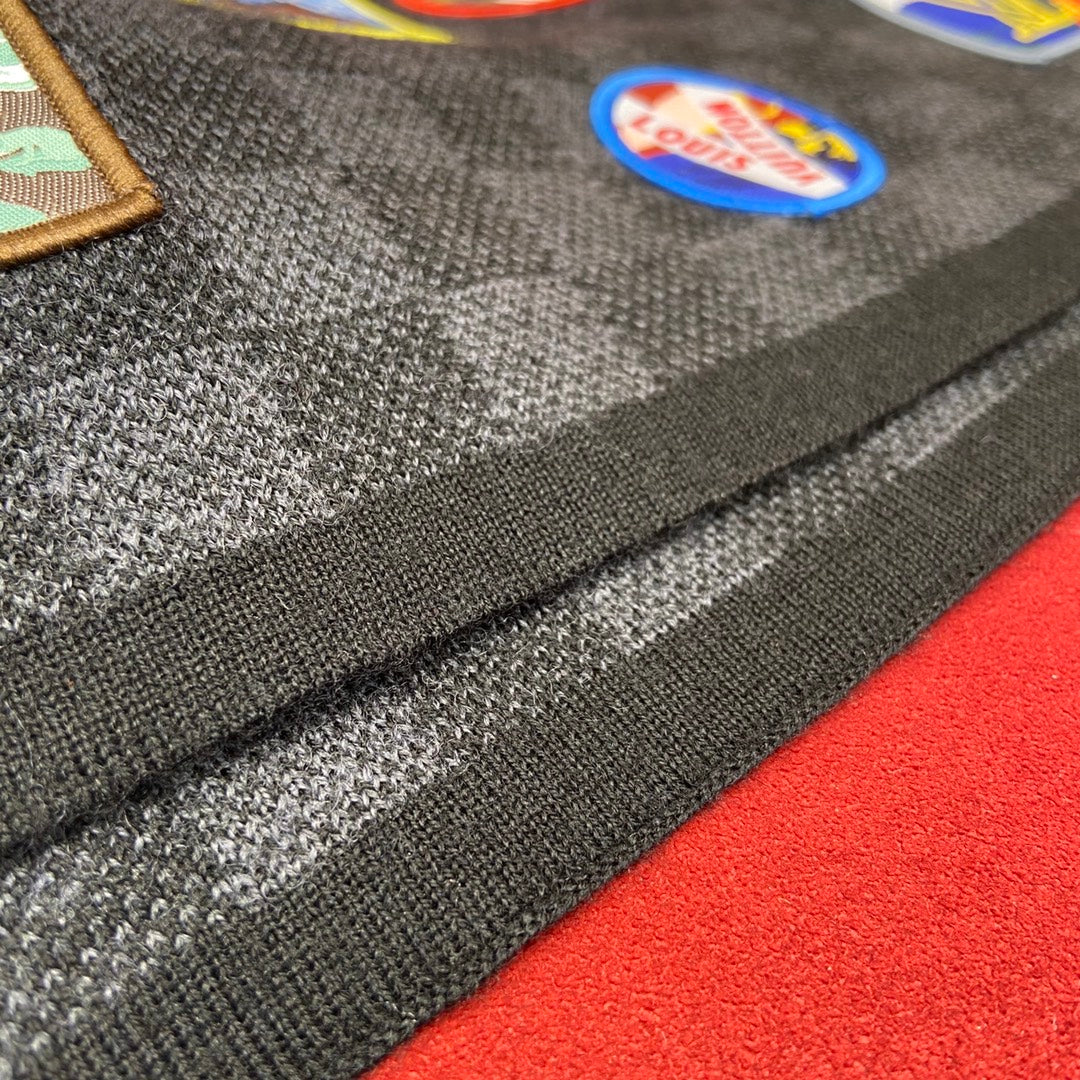 Louis Vuitton Damier Graphite Wool Scarf with Multi-Color Travel Patches, Black and Grey Designer Winter Accessory