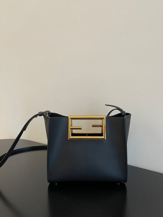 Luxury Black Leather Mini Bucket Shoulder Bag with Gold Metal Logo Buckle