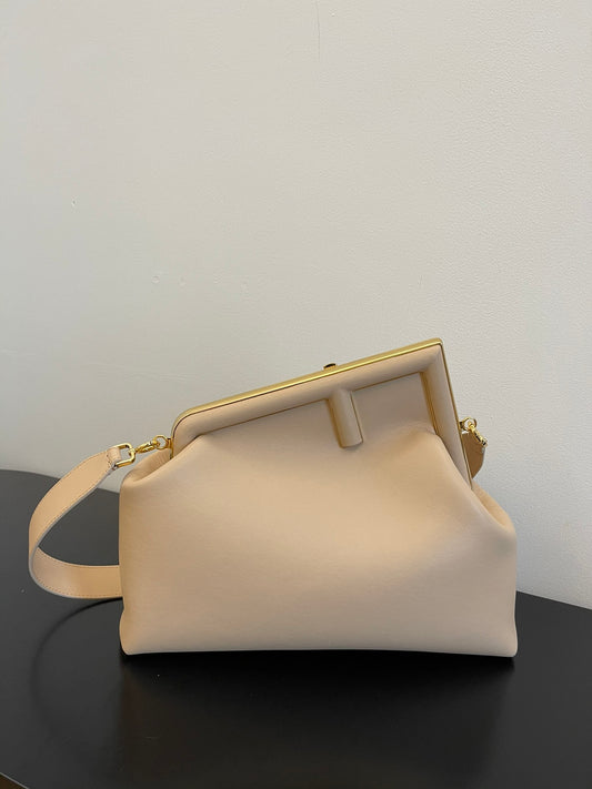 Elegant Beige Asymmetric Frame Clutch - Designer Inspired Leather Shoulder Bag