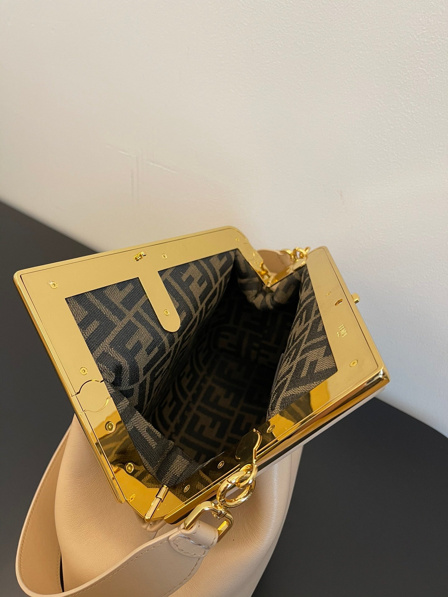 Elegant Beige Asymmetric Frame Clutch - Designer Inspired Leather Shoulder Bag