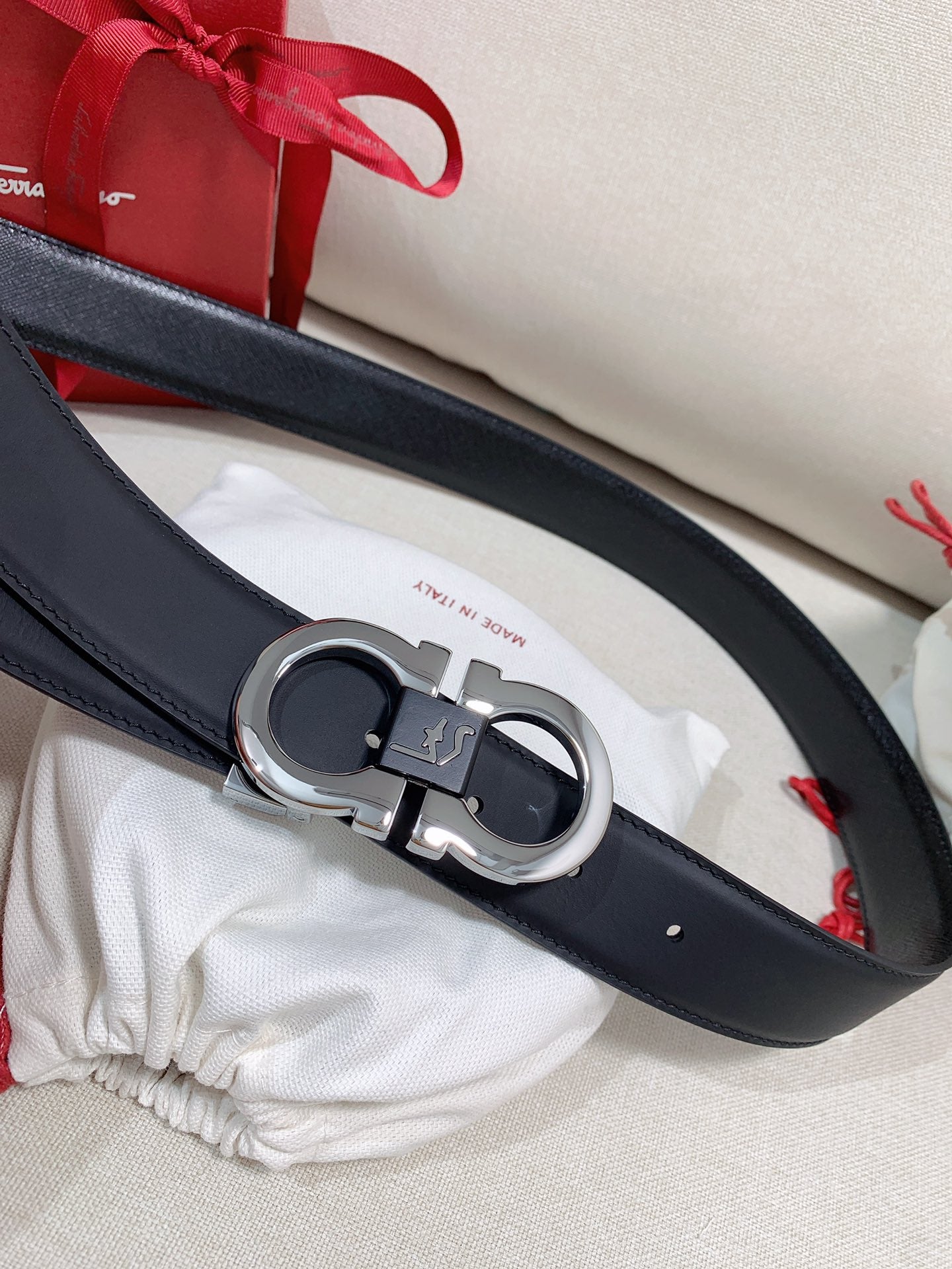 Salvatore Ferragamo Men's Gancini Buckle Leather Belt, Black and Silver Hardware