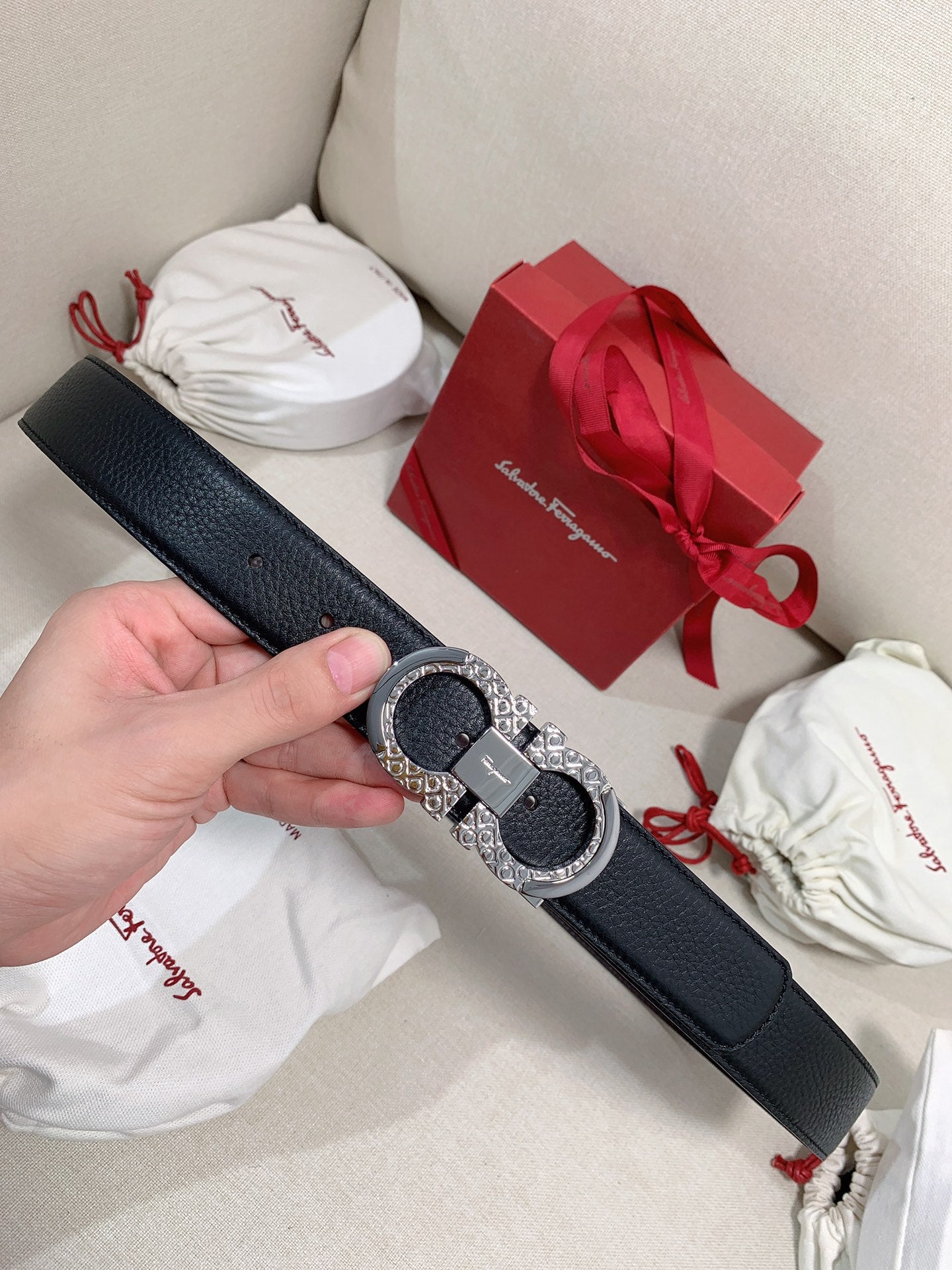 Salvatore Ferragamo Men's Gancini Buckle Leather Belt - Black Pebbled Leather with Engraved Silver-Tone Hardware