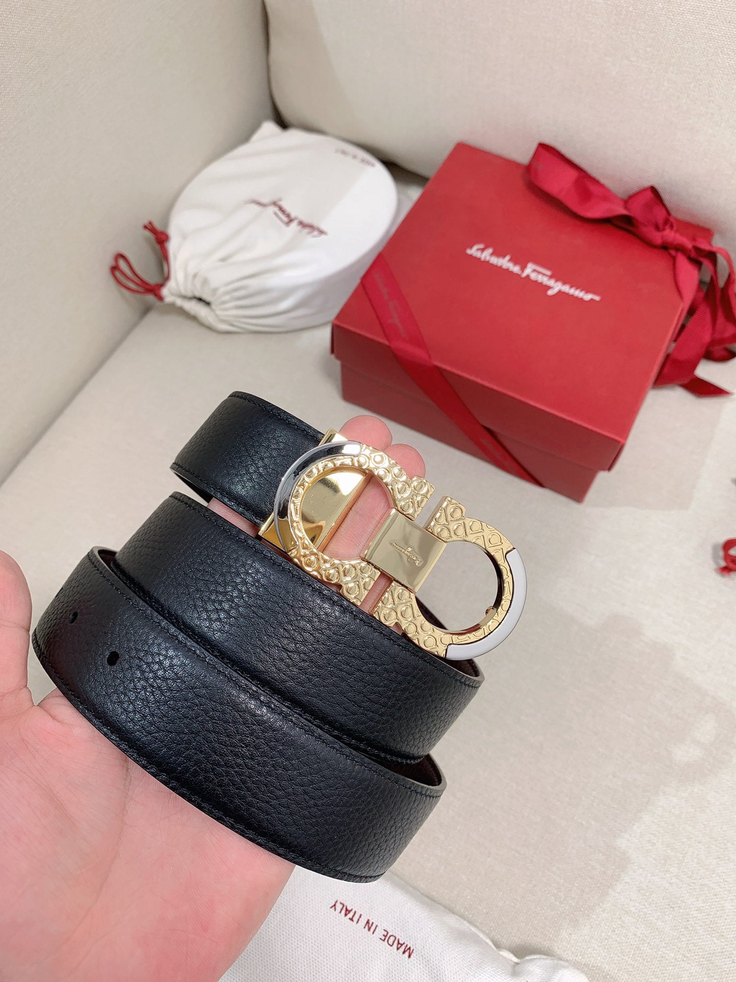 Salvatore Ferragamo Men's Gancini Buckle Leather Belt, Textured Gold and Silver-Tone Hardware, Black Leather