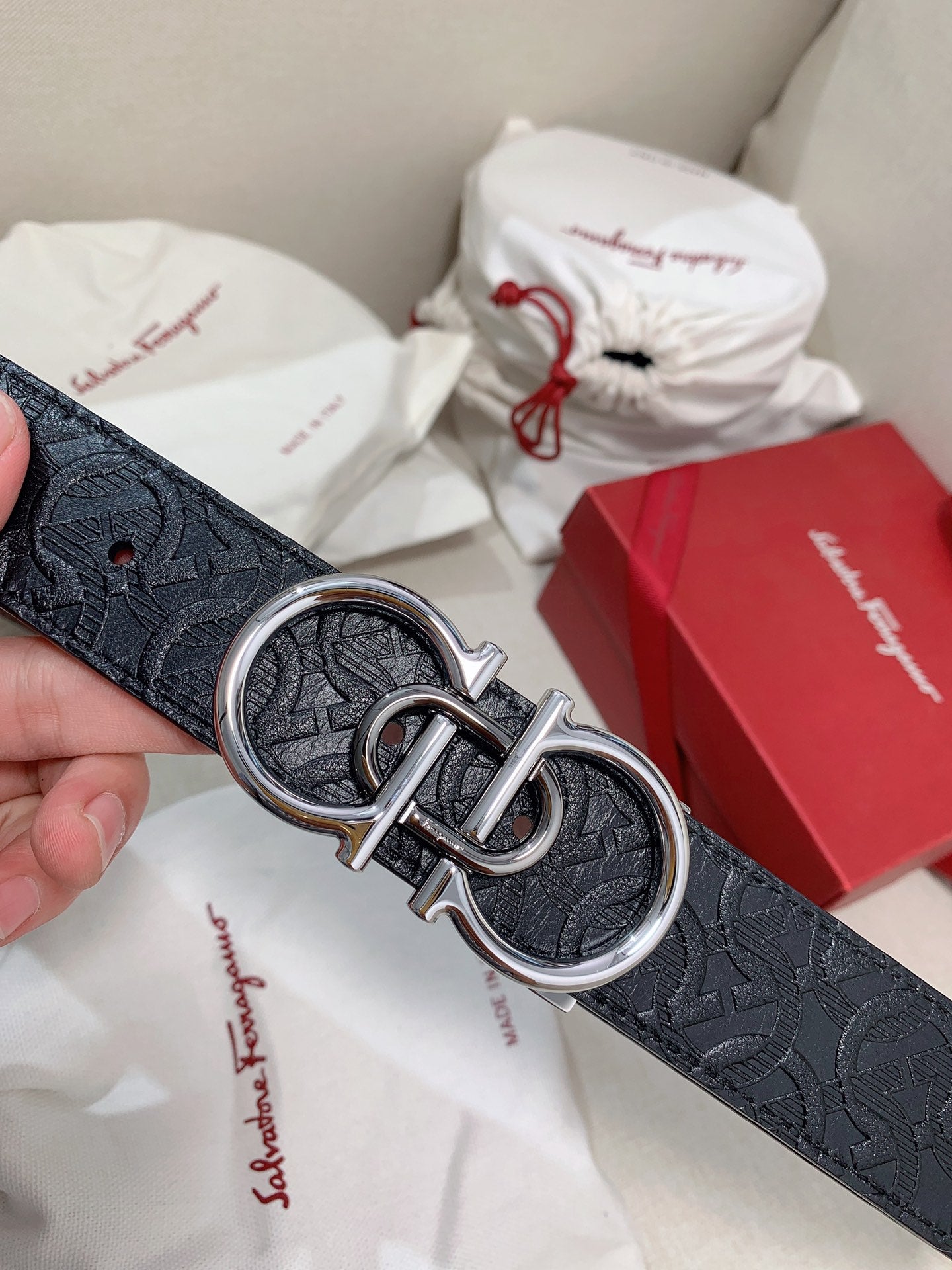 Salvatore Ferragamo Men's Gancini Embossed Leather Belt with Silver-Tone Buckle, Black