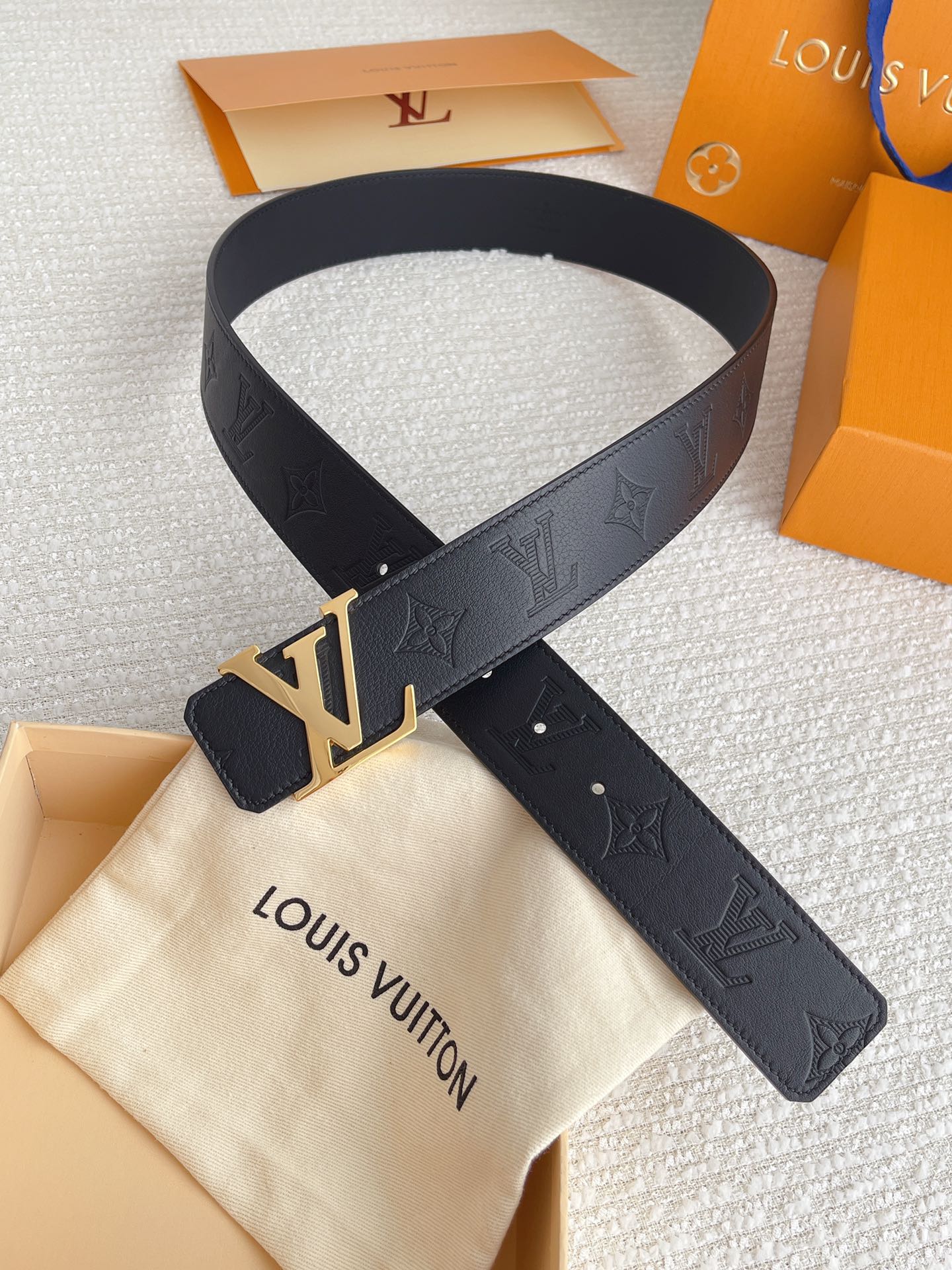 Louis Vuitton LV Initials Belt in Black Monogram Shadow Leather with Gold-Tone Buckle