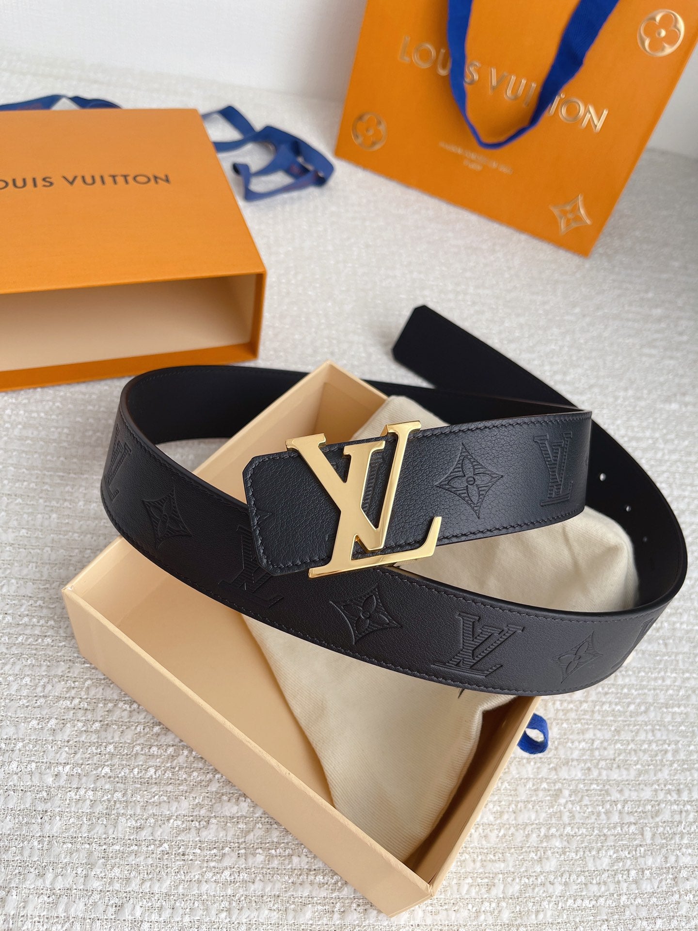 Louis Vuitton LV Initials Belt in Black Monogram Shadow Leather with Gold-Tone Buckle
