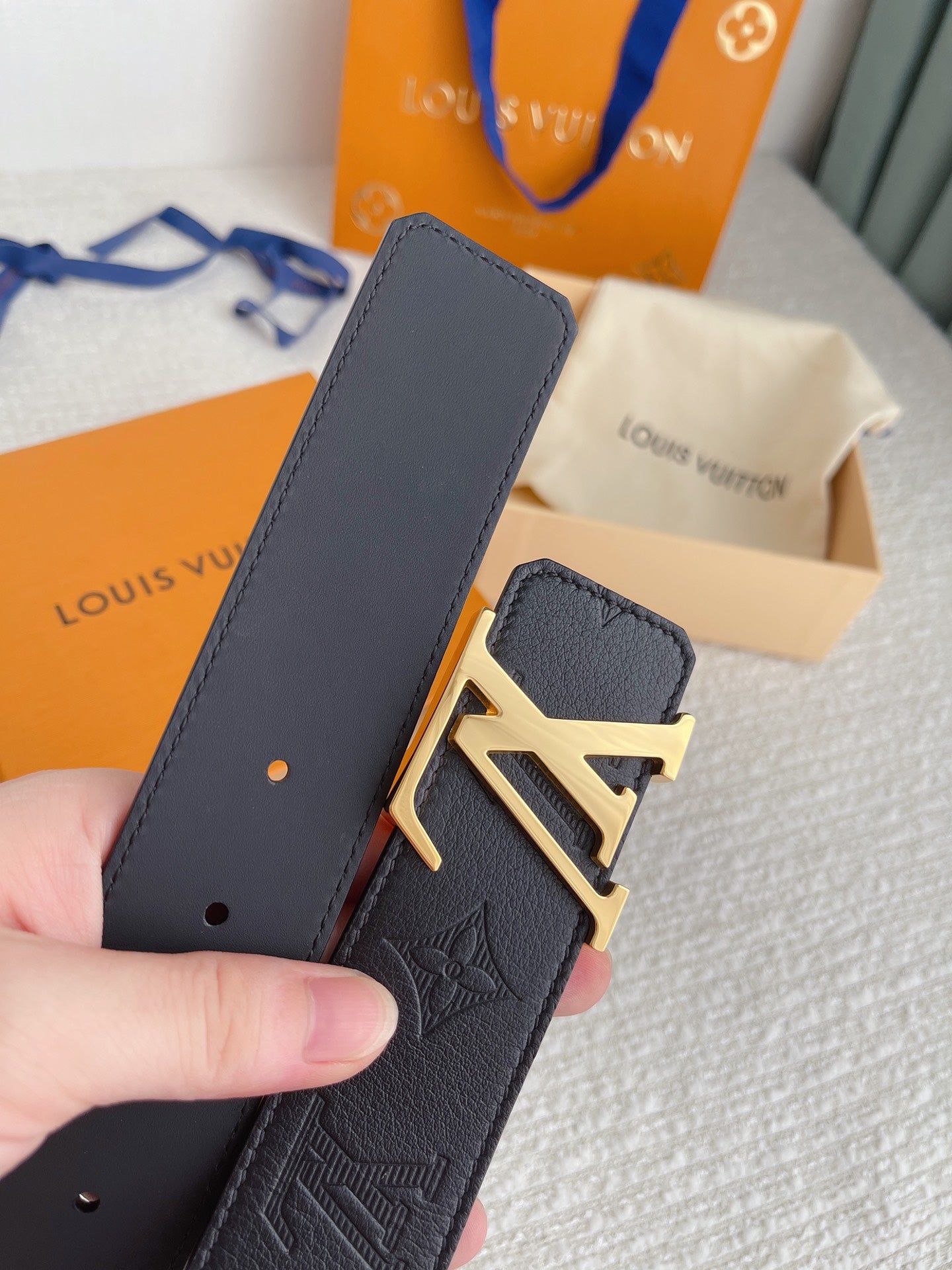 Louis Vuitton LV Initials Belt in Black Monogram Shadow Leather with Gold-Tone Buckle