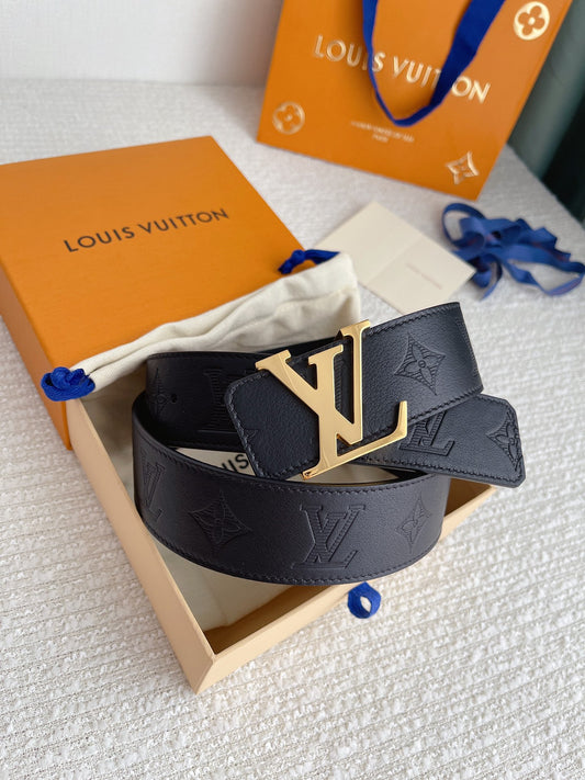 Louis Vuitton LV Initials Belt in Black Monogram Shadow Leather with Gold-Tone Buckle