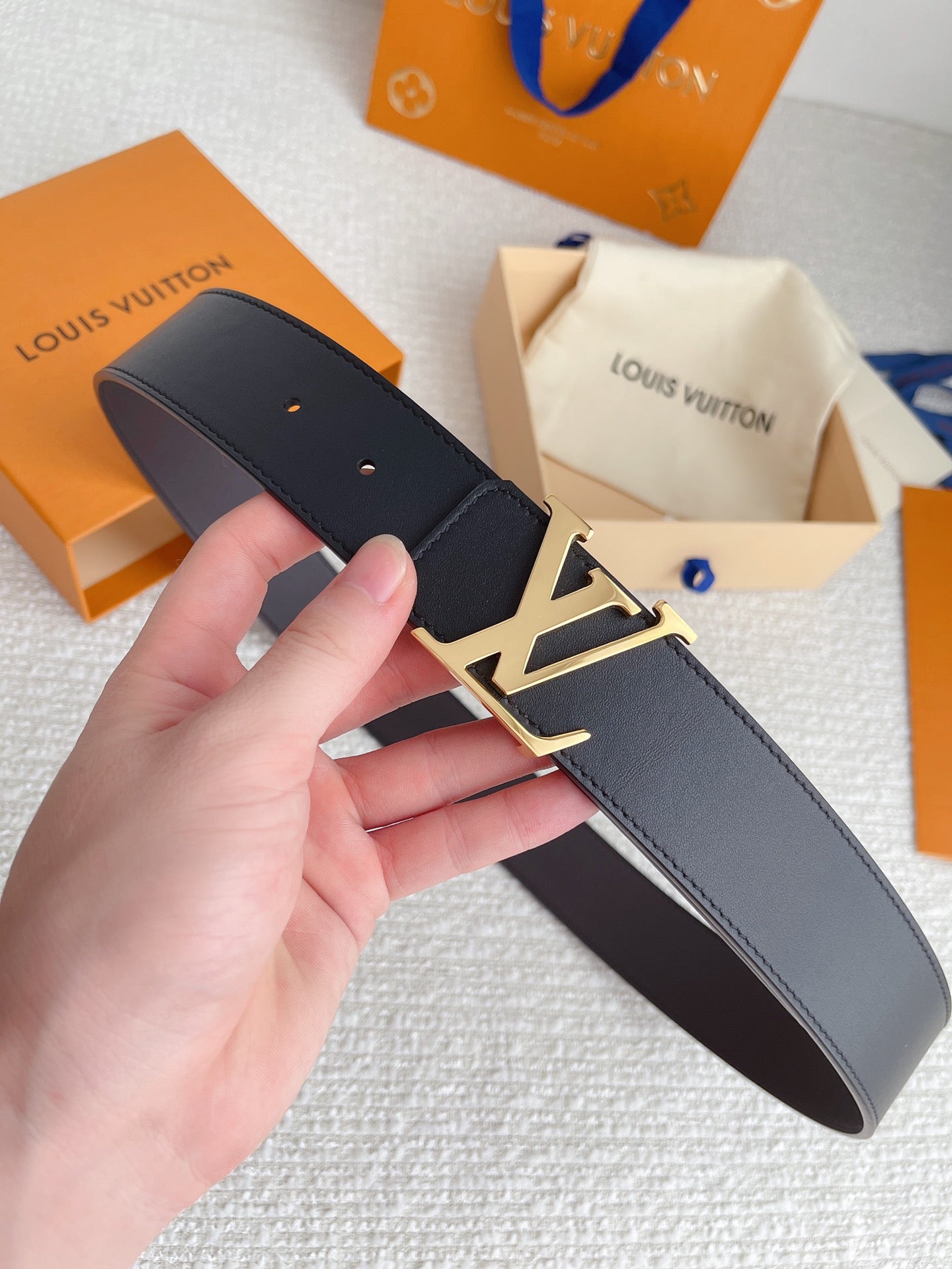 Louis Vuitton LV Initials 40mm Reversible Belt - Black Leather with Gold Buckle, Includes Box and Packaging