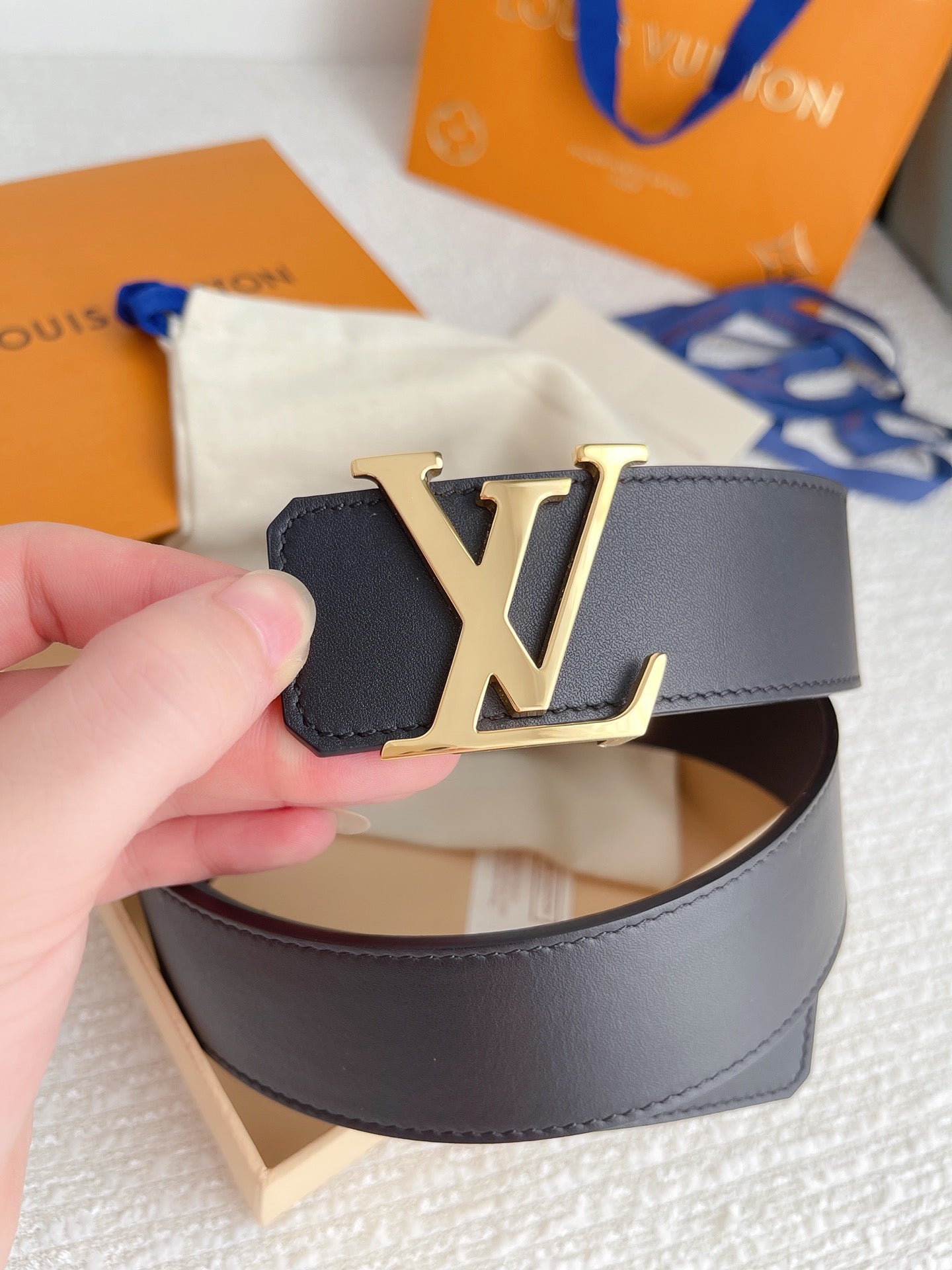 Louis Vuitton LV Initials 40mm Reversible Belt - Black Leather with Gold Buckle, Includes Box and Packaging
