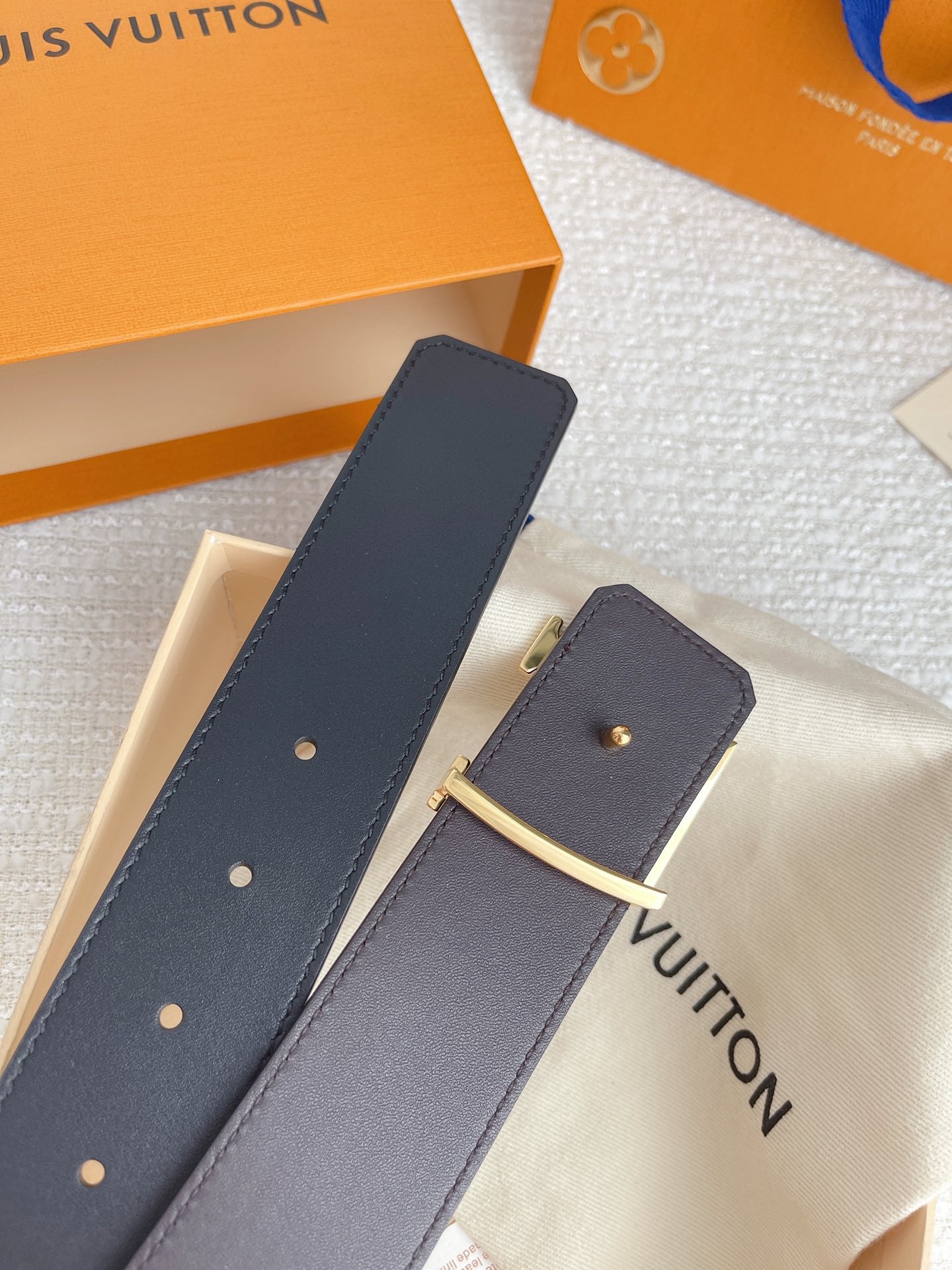 Louis Vuitton LV Initials 40mm Reversible Belt - Black Leather with Gold Buckle, Includes Box and Packaging