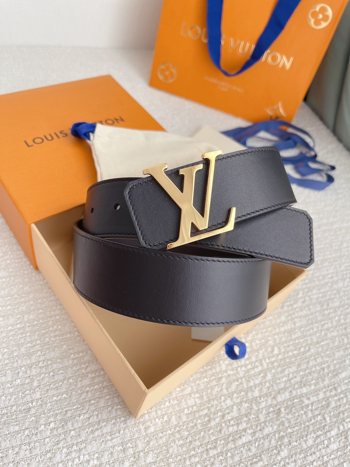 Louis Vuitton LV Initials 40mm Reversible Belt - Black Leather with Gold Buckle, Includes Box and Packaging