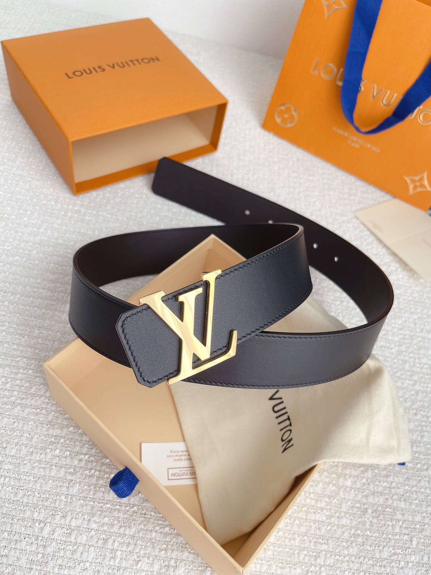 Louis Vuitton LV Initials 40mm Reversible Belt - Black Leather with Gold Buckle, Includes Box and Packaging