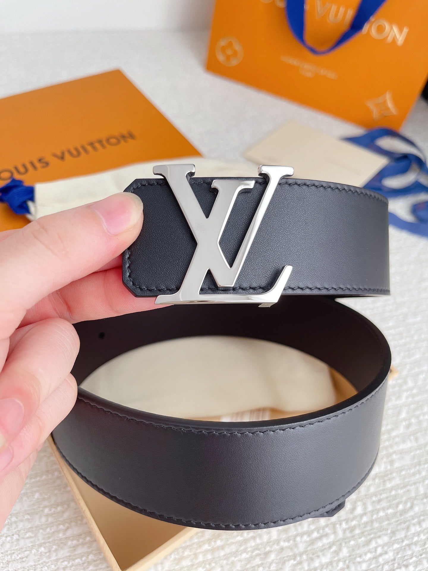 Louis Vuitton LV Initiales 40mm Belt - Black Leather with Silver Buckle, Men's Luxury Accessory