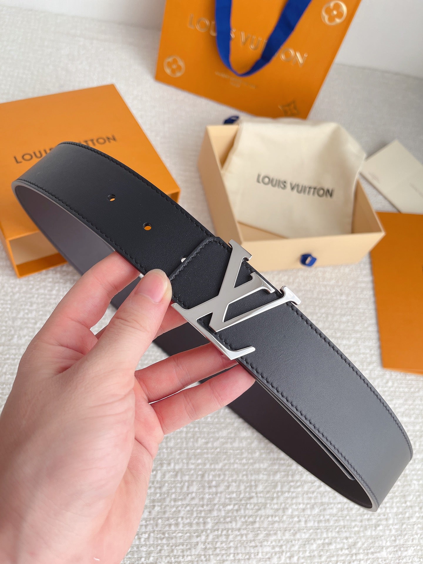 Louis Vuitton LV Initiales 40mm Belt - Black Leather with Silver Buckle, Men's Luxury Accessory