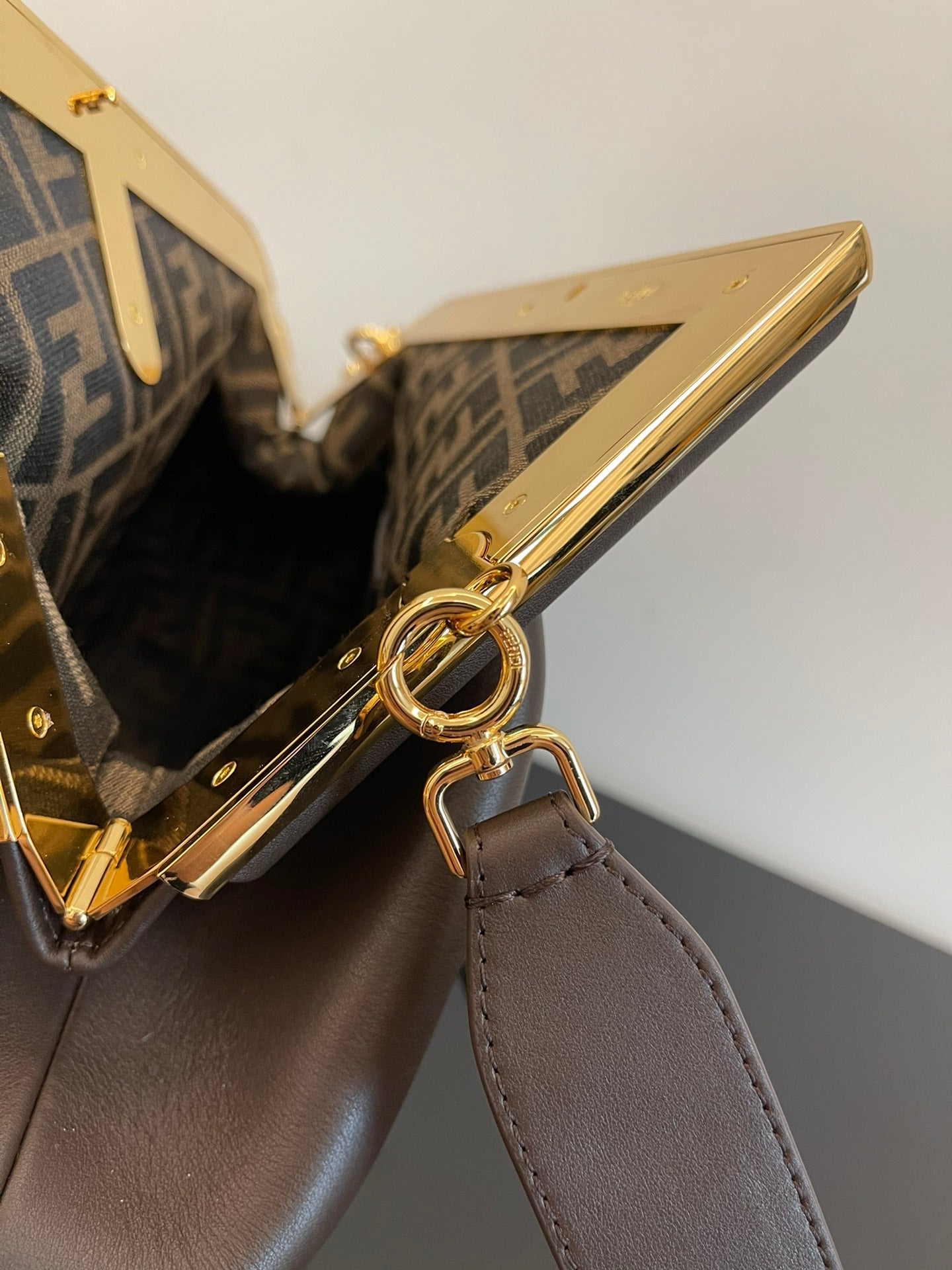 Fendi First Small Brown Leather Clutch with Gold-Tone F Clasp