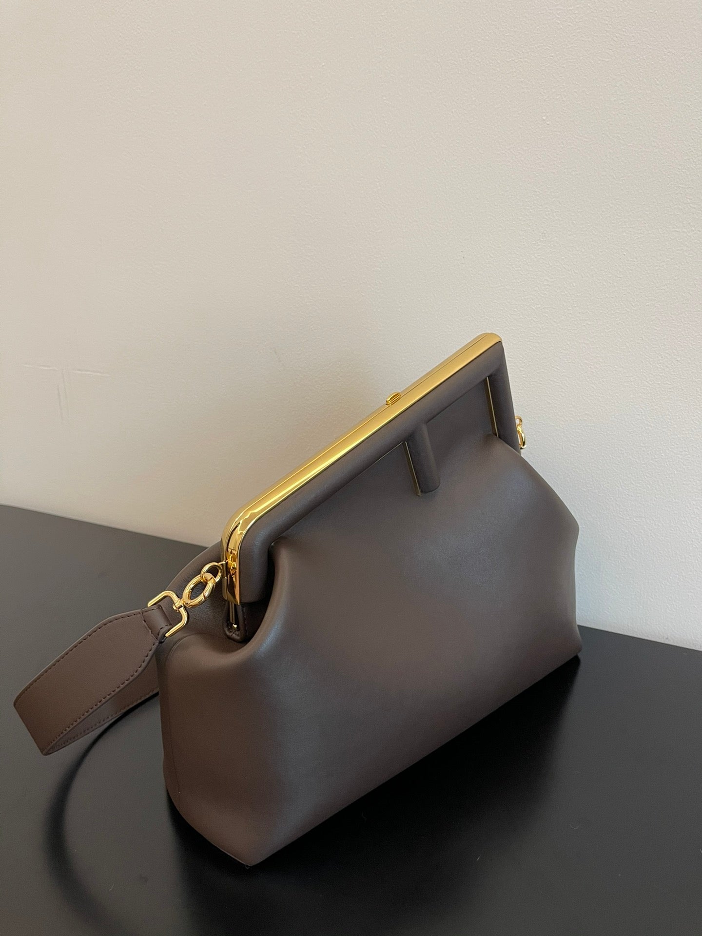 Fendi First Small Brown Leather Clutch with Gold-Tone F Clasp