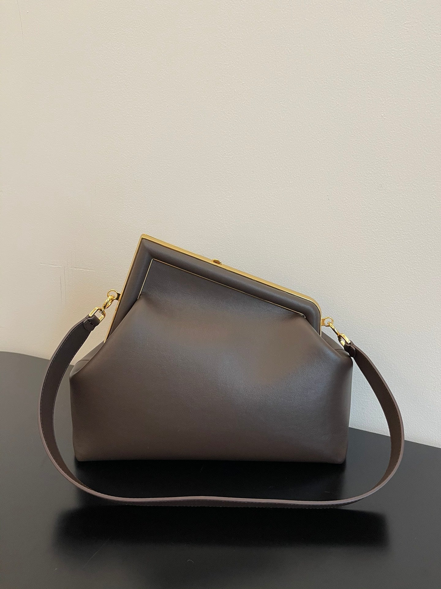 Fendi First Small Brown Leather Clutch with Gold-Tone F Clasp